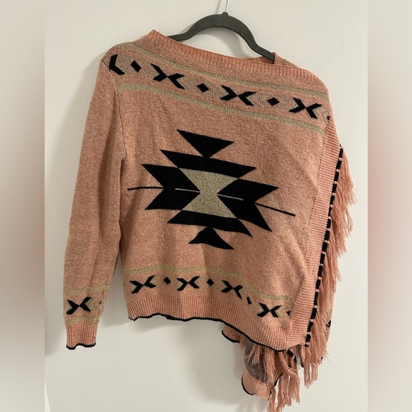 Tobi Blush Black and Gold Aztec Fringe Open Cardigan One Size Fits All - Picture 3 of 4